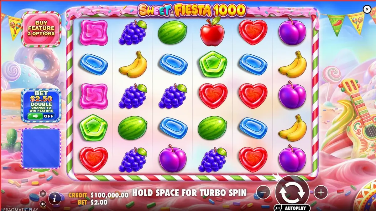 Tampilan visual slot Sweet Fiesta 1000 dengan tema karnaval Meksiko dan permen warna-warni